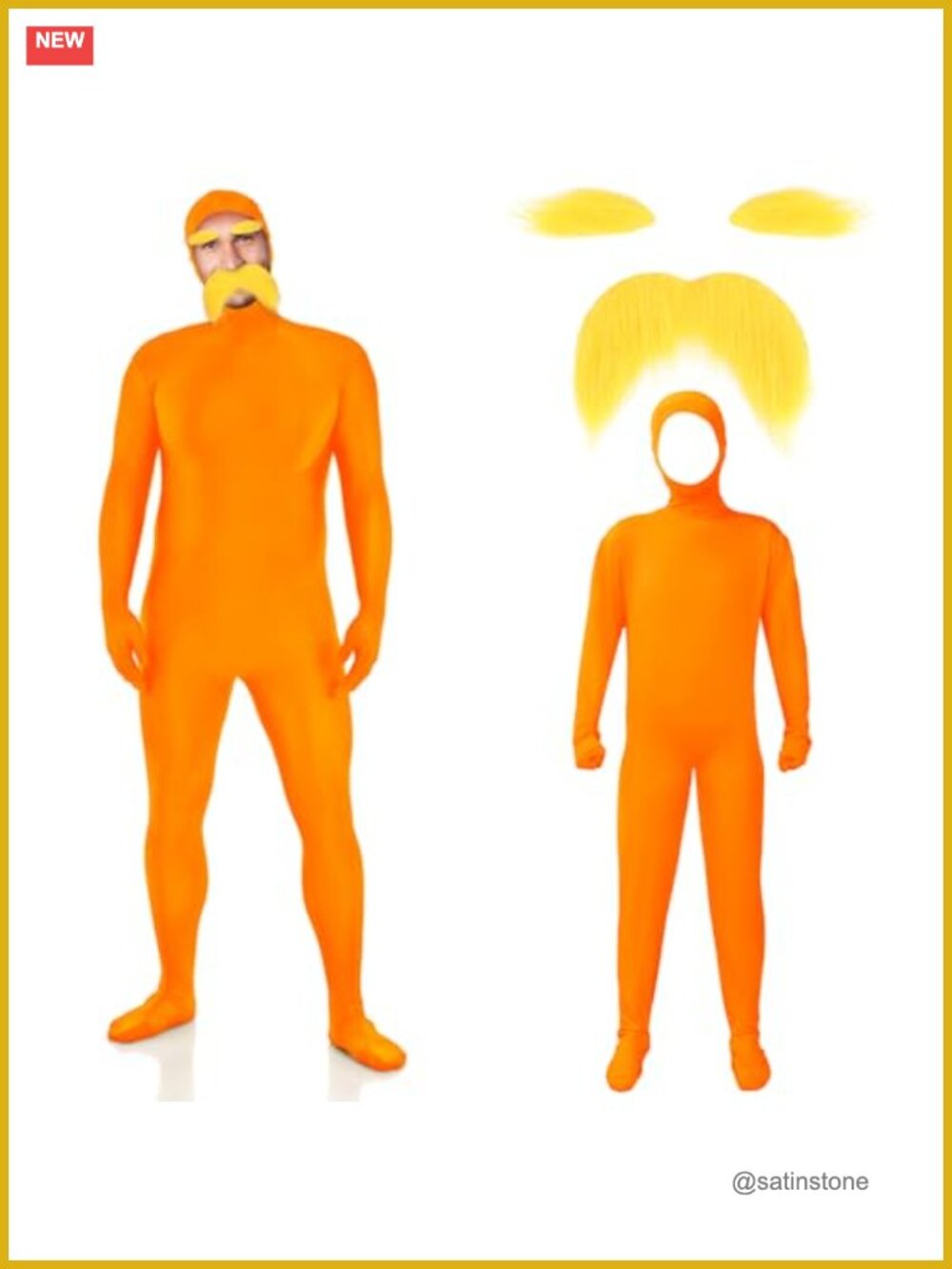 Orange Jumpsuit Costume Set with Yellow Mustache and Eyebrows